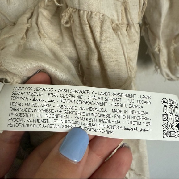 Zara Tan Linen Blend Puff Sleeve Blouse Size S Boho Textured Fringe Rustic - Picture 8 of 9